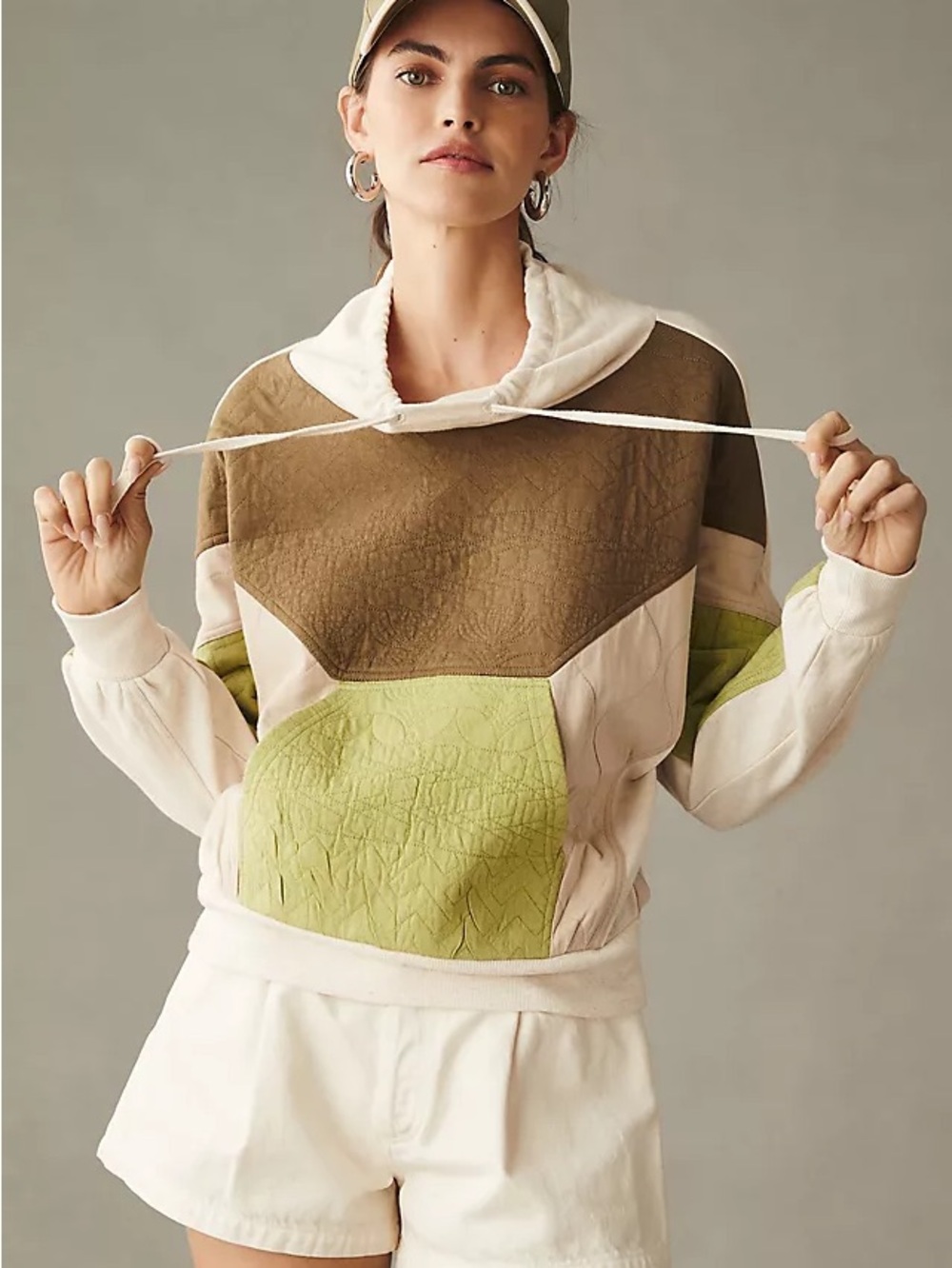 Anthropologie quilted Pullover Sweater in Olive Green and Cream